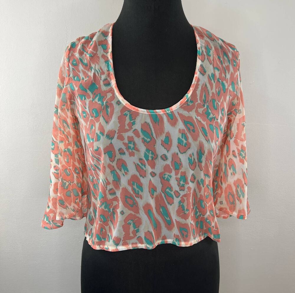 Lovers + Friends Cream Salmon Teal Animal Print Flutter Sleeve Sheer Crop Top XS